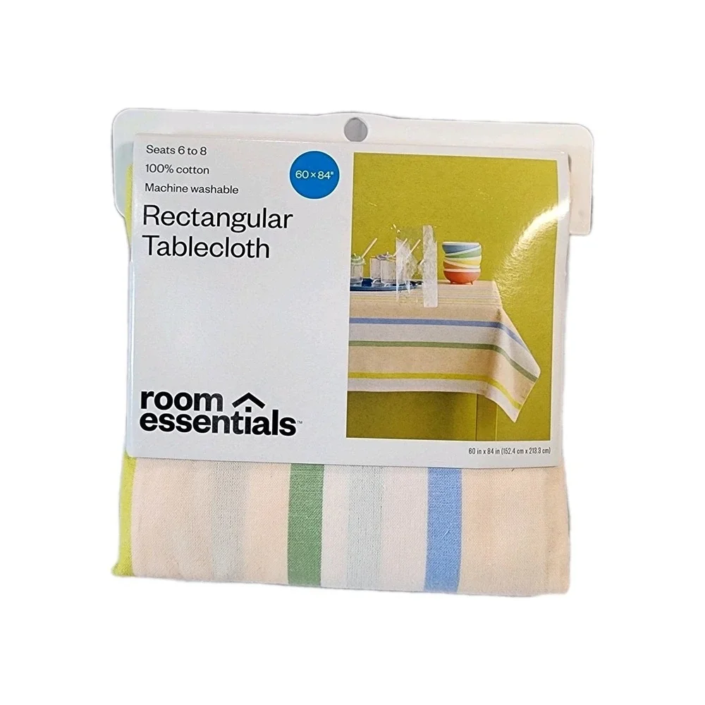 Room Essentials Rectangular Tablecloth 60x84 Multicolor Stripe 100% Cotton New